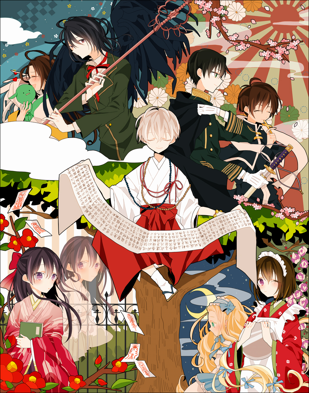5boys 5girls albino apron beads black_choker black_hair black_wings blonde_hair blue_ribbon bob_cut book bow branch brother_and_sister brown_eyes brown_hair cassock cherry_blossoms child choker closed_eyes creature cross edwards falling_petals feathered_wings flower fuji_(tactics) gloves hair_bow hair_ribbon hairband hakama half_updo haruka_(tactics) heart high_collar highres holding holding_book holding_cross holding_polearm holding_sword holding_tray holding_weapon hugging_book hugging_object ichinomiya_kantarou imperial_japanese_army japanese_clothes katana kikumon kimono lolita_hairband long_hair maid maid_headdress military military_uniform minamoto_ayame minamoto_raikou multiple_boys multiple_girls muu-chan ofuda one_eye_closed open_mouth petals pink_flower pink_petals polearm prayer_beads priest purple_eyes red_bow red_flower red_hakama red_kimono ribbon rising_sun_flag rosalie_(tactics) see-through_body shakujou sheath short_hair siblings smile staff sugino_(tactics) sunburst suzuca sword tabi tactics tengu traditional_youkai tray unsheathing wa_maid weapon white_apron white_gloves white_hair white_wings wings yagasuri youko_(tactics)