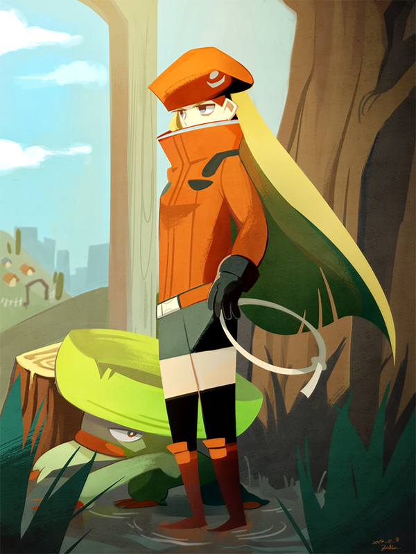 10s 1girl belt beret bike_shorts blonde_hair blue_eyes cloud dated day gen_3_pokemon hat lombre long_hair monoka motojima_hakka nintendo npc_trainer pokemon pokemon_(creature) pokemon_ranger_(pokemon) pokemon_xy signature sky tree tree_stump very_long_hair