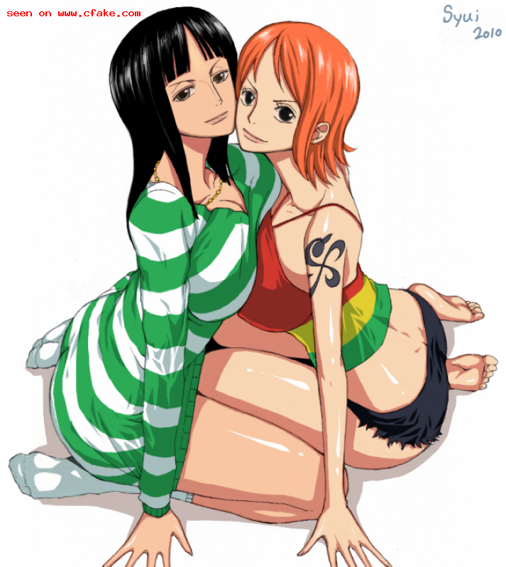 2010 2girls arm_support artist_name ass bare_arms bare_legs bare_shoulders barefoot black_eyes black_hair breast_press breasts cheek-to-cheek closed_mouth dress feet female_focus friends from_above green_sweater heads_together hip_focus huge_ass huge_breasts jewelry large_breasts legs lips long_sleeves looking_at_viewer looking_up midriff multiple_girls nami_(one_piece) neck necklace nico_robin one_piece one_piece:_strong_world orange_hair seiza shiny_skin short_hair single_bare_arm sitting smile socks striped_clothes striped_dress striped_sweater sweater sweater_dress symmetrical_docking syui tattoo thighs white_background yuri