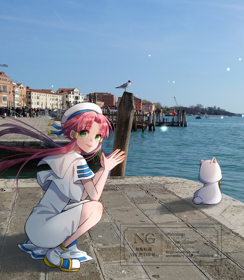 1girl aria_(manga) aria_pokoteng beret bird blue_bow blue_bowtie blue_sky blush bow bowtie day dress eyelashes from_side gold_trim green_eyes hands_up hat impossible_clothes impossible_dress kagura_(anomalo-anima) long_dress looking_at_viewer mizunashi_akari ocean outdoors own_hands_together parted_bangs photo_background pier pink_hair seagull short_hair_with_long_locks sky smile squatting venice watermark white_dress white_footwear white_hat