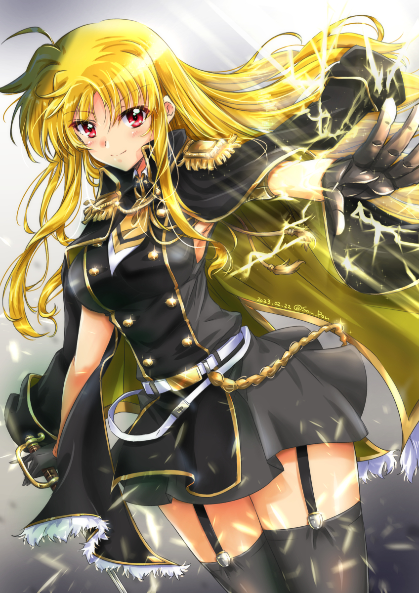 1girl armpit_peek black_gloves black_skirt black_thighhighs blonde_hair blush breasts closed_mouth fate_testarossa garter_straps gloves highres large_breasts long_hair looking_at_viewer lyrical_nanoha lyrical_store mahou_shoujo_lyrical_nanoha_strikers miniskirt red_eyes san-pon skirt smile solo sword thighhighs weapon