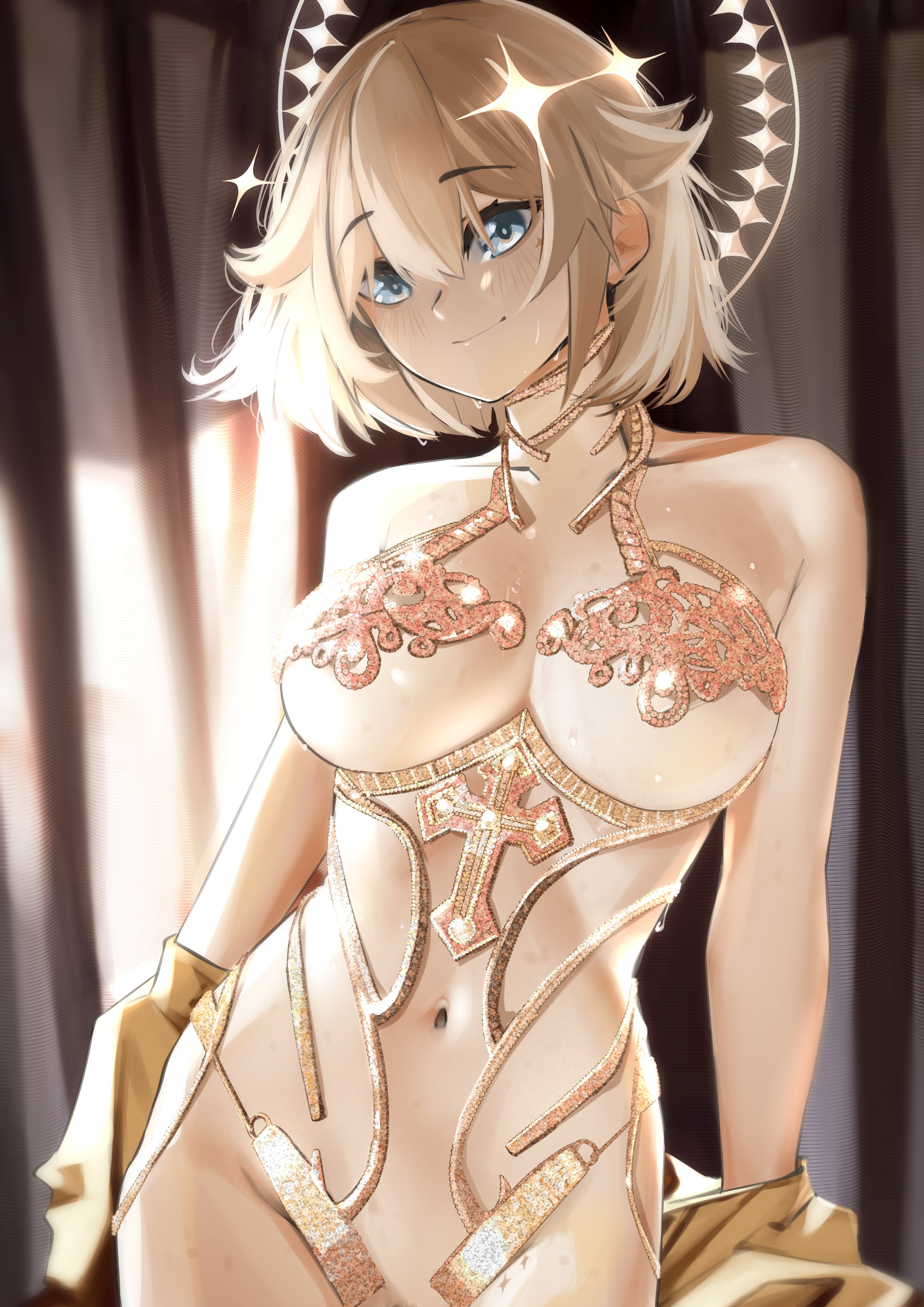 1girl absurdres blonde_hair blue_eyes blush breasts commentary cross english_commentary hair_between_eyes hair_ornament highres kaneko_lumi large_breasts looking_at_viewer navel phase_connect pupi_(rain_prophet) revealing_clothes smile solo star_(symbol) sweat virtual_youtuber