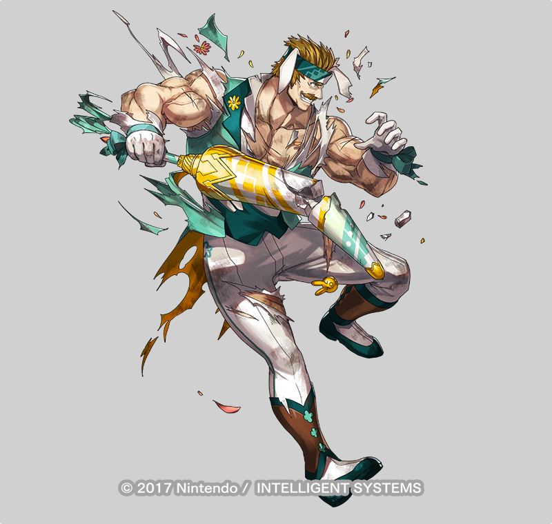 1boy animal_ears bartre_(fire_emblem) bartre_(spring)_(fire_emblem) biceps broken broken_weapon brown_eyes brown_hair clenched_teeth commentary_request company_name dai-xt facial_hair fake_animal_ears fire_emblem fire_emblem:_the_binding_blade fire_emblem_heroes full_body gloves grey_background headband injury large_pectorals male_focus mature_male muscular muscular_male mustache nintendo official_art pants pectoral_cleavage pectorals rabbit_ears sleeveless solo teeth torn_clothes torn_sleeves veins veiny_arms weapon white_gloves white_pants