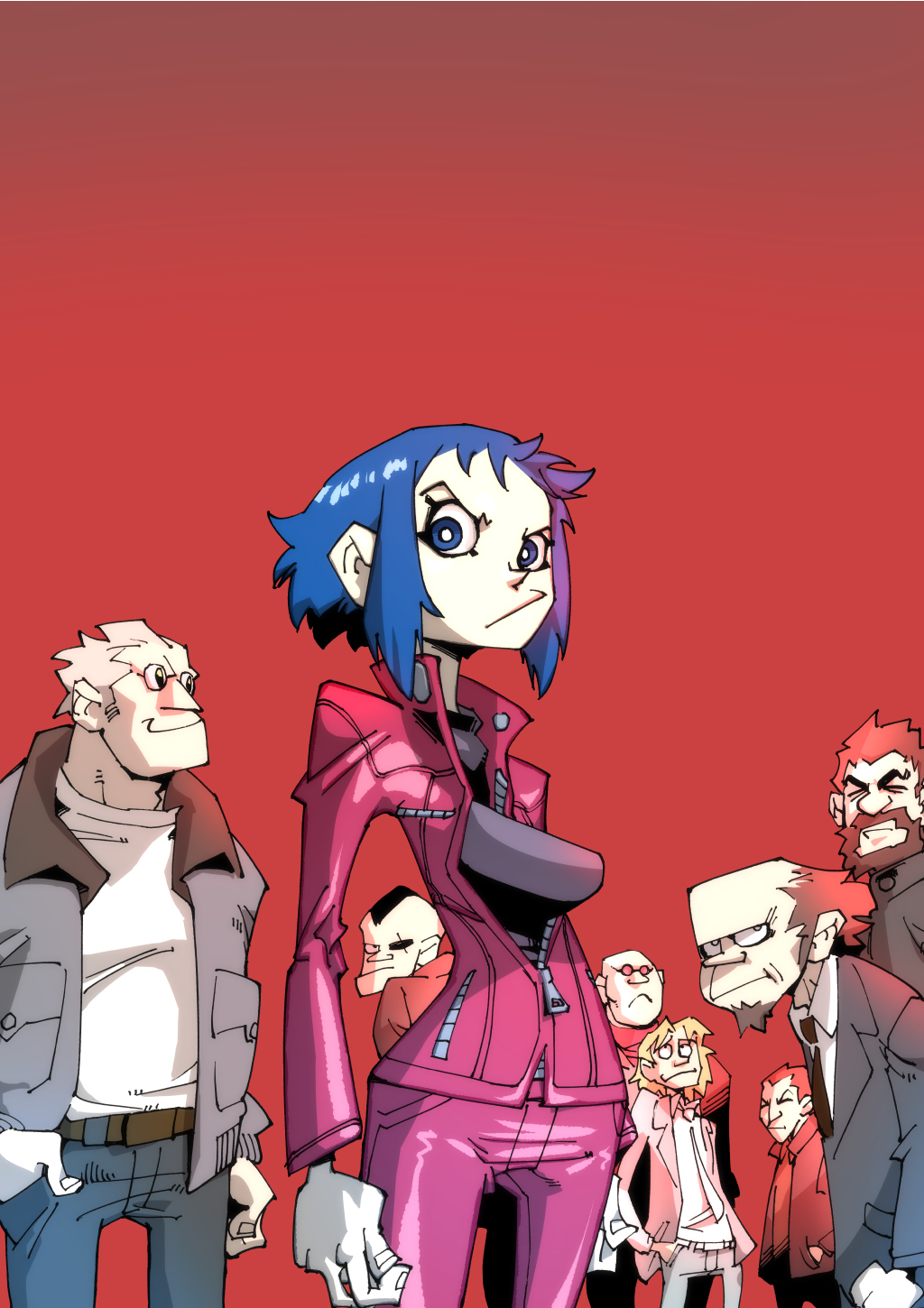 1girl aramaki_daisuke balding batou_(gits) beard belt black_hair blue_eyes boma_(gits) facial_hair ghost_in_the_shell ghost_in_the_shell_arise hand_in_pocket highres hirano_masanori ishikawa_(gits) jacket kusanagi_motoko necktie paz_(gits) purple_hair red_background saitou_(gits) short_hair silver_hair simple_background togusa_(gits) zipper