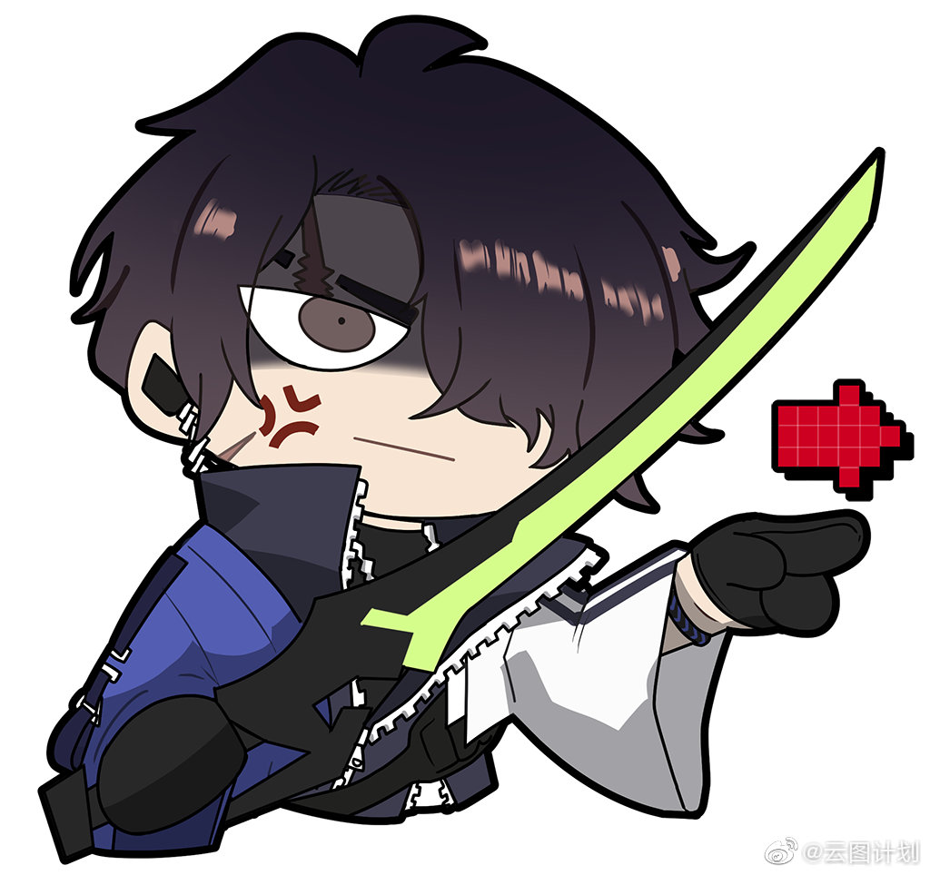 1boy :| aki_(neural_cloud) anger_vein artist_request black_gloves check_artist chibi chibi_only chinese_commentary closed_mouth furrowed_brow girls&#039;_frontline girls&#039;_frontline_neural_cloud gloves holding holding_sword holding_weapon madcore official_art one_eye_covered partially_shaded_face second-party_source solo sword watermark weapon weibo_username weibo_watermark