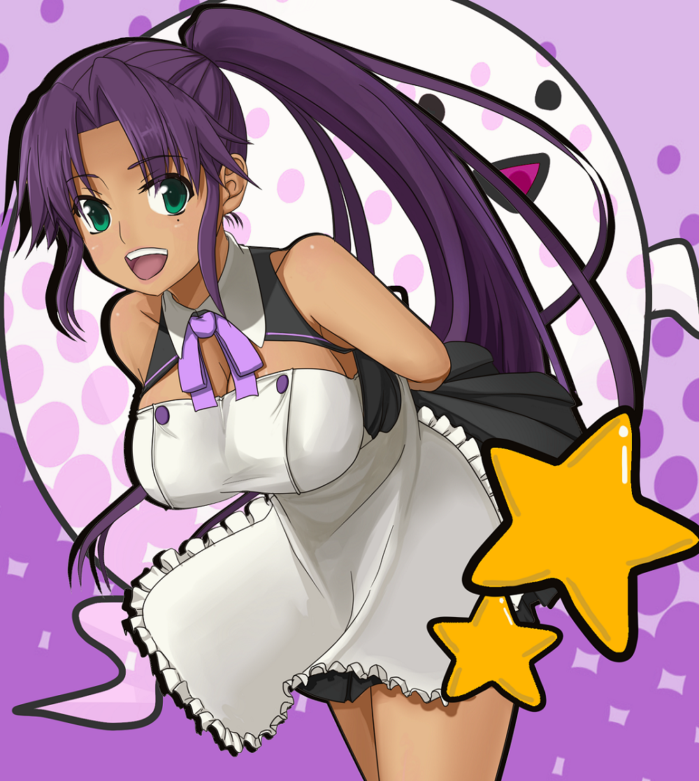 1girl apron arms_behind_back asuka_(dream_c_club_zero) bare_shoulders breasts cleavage dark-skinned_female dark_skin detached_sleeves dream_c_club dream_c_club_(series) dream_c_club_zero female_focus green_eyes large_breasts mole nono_(noppodesu) noppodesu ponytail purple_hair ribbon smile solo star_(symbol) waitress