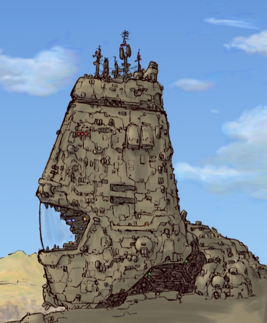 blue_sky choujikuu_yousai_macross cloud commentary_request damaged desert dirty head keins lights machinery macross macross:_do_you_remember_love? mecha original radio_antenna redesign robot science_fiction sdf-1 sketch sky spacecraft upper_body window
