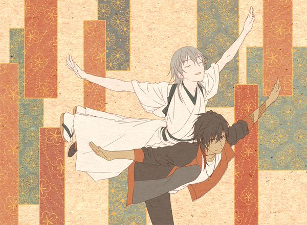 2boys arm_tattoo black_hair black_pants closed_eyes dark-skinned_male dark_skin dragon_tattoo floral_print grey_hair hakama jacket japanese_clothes jewelry kimono leuco lying_on_person male_focus multiple_boys necklace ookurikara open_clothes open_jacket outstretched_arms pants sandals shirt socks tabi tasuki tattoo touken_ranbu track_jacket tsurumaru_kuninaga white_hakama white_kimono white_shirt white_socks zouri