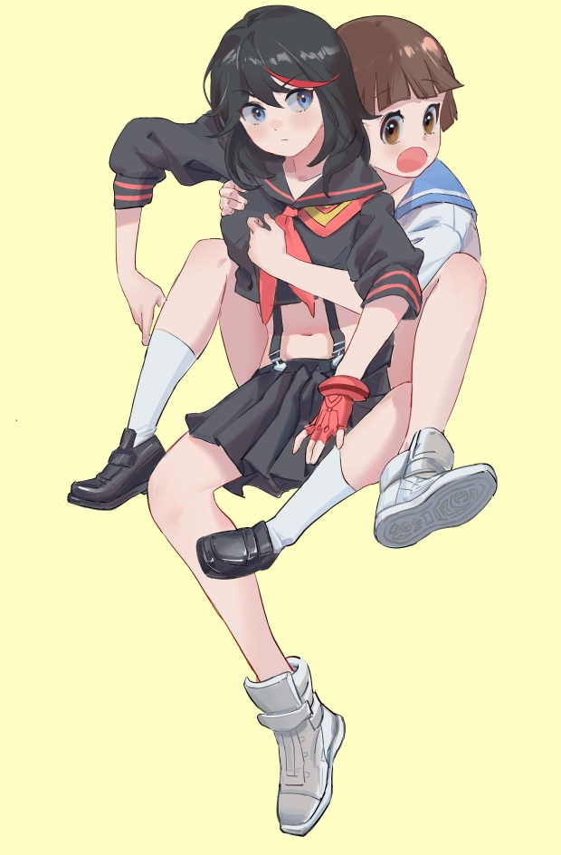 2girls aowuawei athletic_shoes black_hair blue_eyes bob_cut breasts brown_eyes brown_hair kamui_(kill_la_kill) kill_la_kill life_fiber loafers looking_at_another mankanshoku_mako matoi_ryuuko multicolored_hair multiple_girls open_mouth school_uniform senketsu shoes simple_background streaked_hair suspenders