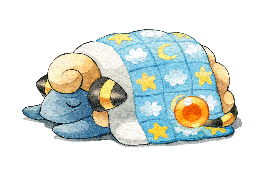 blanket closed_eyes cloud_print commentary english_commentary gen_2_pokemon horns lying mareep nintendo no_humans oliver_hamlin painting_(medium) pokemon pokemon_(creature) quilt simple_background sleeping solo star_(symbol) star_print striped_horns striped_tail tail traditional_media u_u watercolor_(medium) white_background