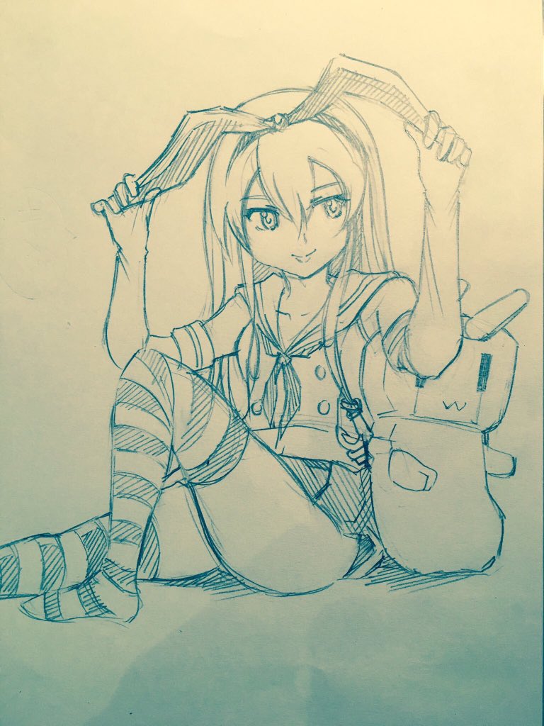 1girl anchor_hair_ornament animal_ears commentary_request elbow_gloves fake_animal_ears gloves hair_between_eyes hair_ornament hairband inoue_kousei kantai_collection knee_up long_hair monochrome pleated_skirt rabbit_ears rensouhou-chan school_uniform serafuku shimakaze_(kancolle) sidelocks sitting skirt sleeveless smile striped_clothes striped_thighhighs thighhighs traditional_media
