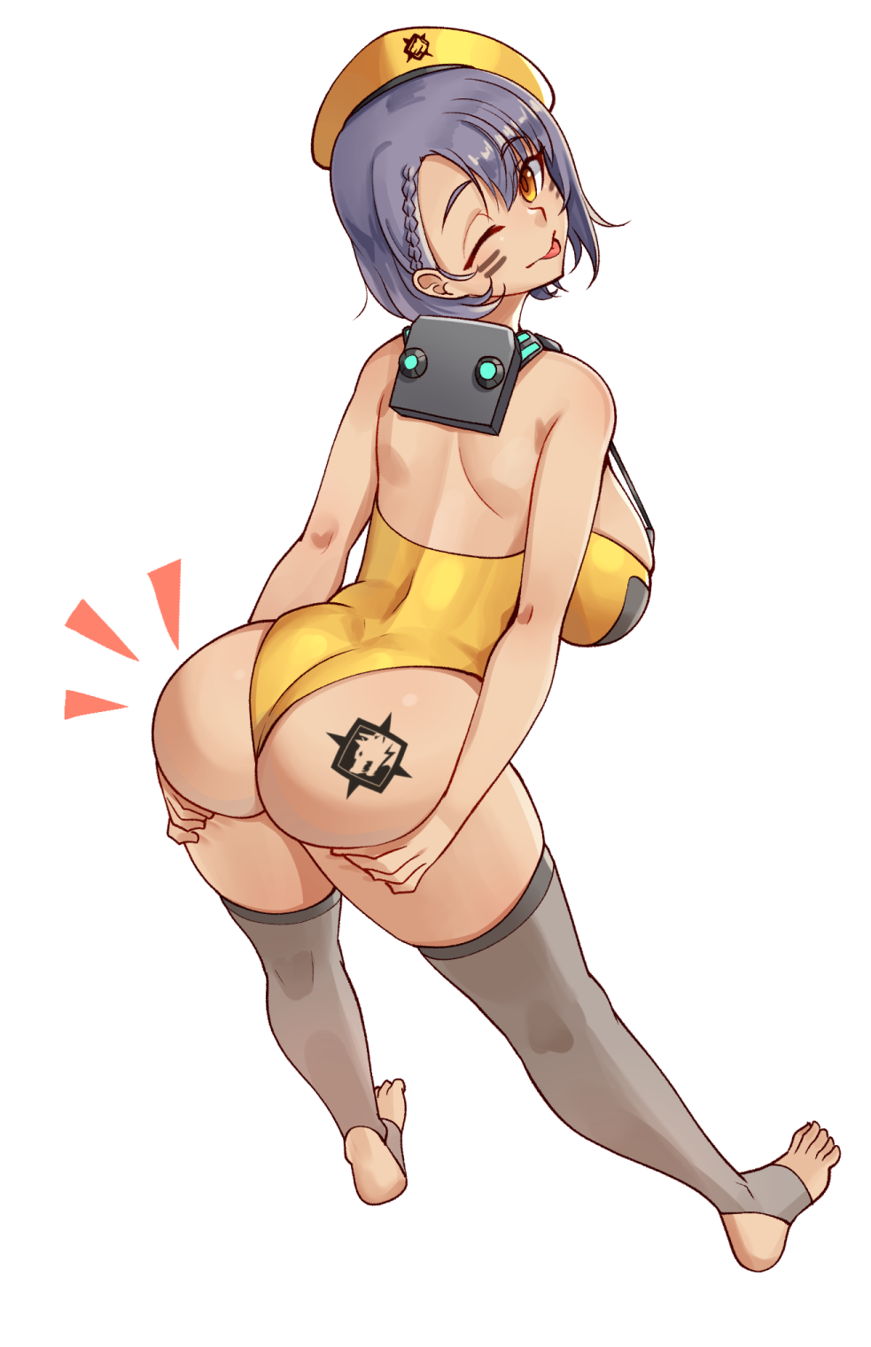 1girl ;p ajidot ass back beret braid breasts dark-skinned_female dark_skin facial_mark from_behind full_body grabbing_own_ass grey_hair hand_on_own_ass hands_on_ass hat highres large_breasts last_origin leotard looking_at_viewer one_eye_closed quick_camel short_hair simple_background single_braid solo toeless_legwear tongue tongue_out white_background yellow_eyes yellow_leotard