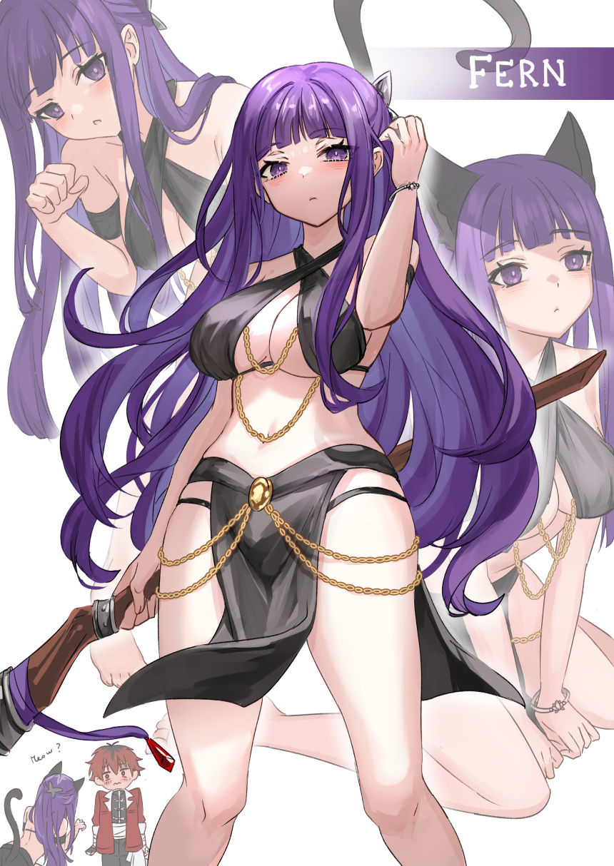 1boy 1girl animal_ears bare_shoulders breasts cat_ears chain commentary criss-cross_halter english_text feet_out_of_frame fern_(sousou_no_frieren) halterneck hand_up highres holding holding_staff large_breasts long_hair looking_at_viewer midriff multiple_views navel pelvic_curtain purple_eyes purple_hair red_hair sousou_no_frieren staff standing stark_(sousou_no_frieren) stomach ten-chan_(eternal_s) thighs very_long_hair white_background yomorio_lingerie
