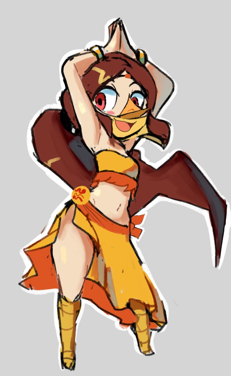 1girl arabian_clothes armpits beak belly_dancer bird_girl blush bracelet breasts brown_hair colored_skin dancing davenextdoor_(justdavefnd) highres jewelry long_hair medli midriff navel nintendo ponytail red_eyes shiny_skin side_slit skirt small_breasts smile the_legend_of_zelda the_legend_of_zelda:_the_wind_waker thighs very_long_hair wide_hips