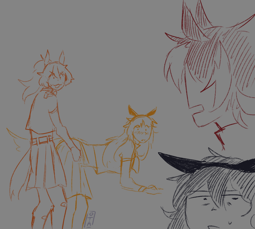 :3 animal_ears bandaid bandaid_on_leg belt blush caught door_knob_(horse_race_tests) downtown_skybox dry_humping elbow_rest embarrassed grey_background horse_ears horse_girl horse_race_tests humping jovial_merryment leaning_forward long_hair looking_at_another looking_at_viewer midriff open_mouth otaeriaaoba shirt short_hair simple_background sketch skirt sweatdrop tail yellow_(horse_race_tests)