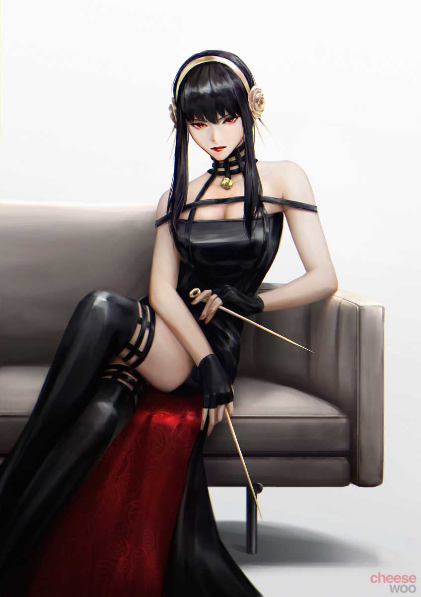 artist_name bare_shoulders black_dress black_gloves black_hair black_thighhighs breasts cheesewoo couch crossed_legs dagger dress elbow_rest expressionless fingerless_gloves floral_print flower gloves gold_hairband hair_flower hair_ornament hairband highres holding holding_dagger holding_knife holding_weapon knife looking_at_viewer medium_breasts nail_polish off-shoulder_dress off_shoulder on_couch red_eyes red_lips red_nails rose rose_print sitting solo spikes spy_x_family thighhighs thighs two-sided_dress two-sided_fabric weapon yor_briar