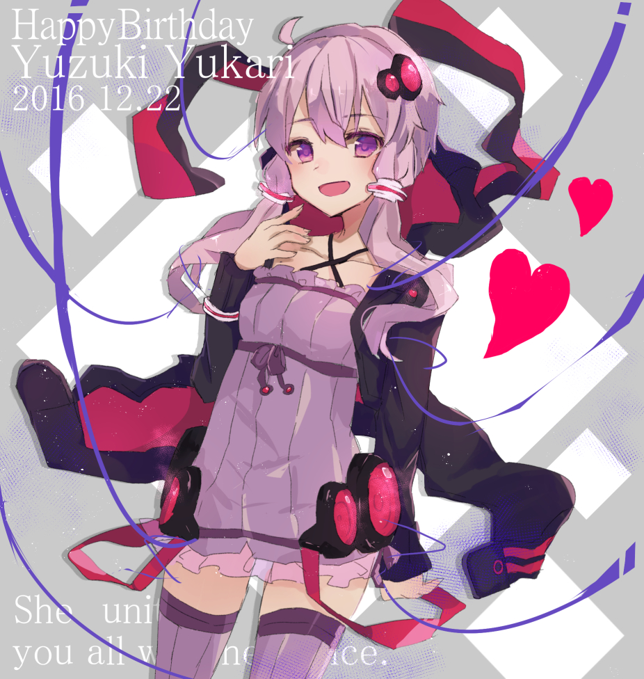 1girl ahoge black_jacket commentary criss-cross_halter dated dress english_text halter_dress halterneck jacket long_hair open_clothes open_jacket open_mouth purple_dress purple_eyes purple_hair purple_thighhighs smile solo suisetsu_mizuna thighhighs twintails vocaloid yuzuki_yukari