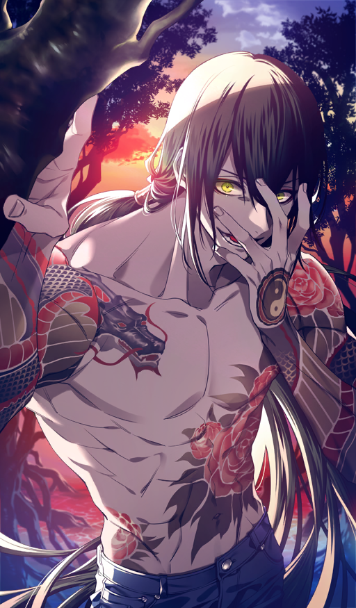 1boy black_hair blue_pants blue_sky chest_tattoo cloud collarbone commentary cowboy_shot crazy_smile dragon dragon_tattoo dutch_angle eastern_dragon eyeliner fate/grand_order fate_(series) gradient_sky green_eyes hair_between_eyes hair_tie hand_on_own_face hand_tattoo long_hair looking_at_viewer low_ponytail lower_teeth_only makeup male_focus navel no_nipples official_art open_mouth orange_sky outdoors pants pectorals plant_request plant_roots ponytail red_eyeliner sidelocks sky smile solo stomach_tattoo sunlight sunset tattoo tattoo_sleeve teeth third-party_source toned toned_male topless_male tree very_long_hair water y_at_(yuuya) yan_qing_(fate) yin_yang yin_yang_tattoo
