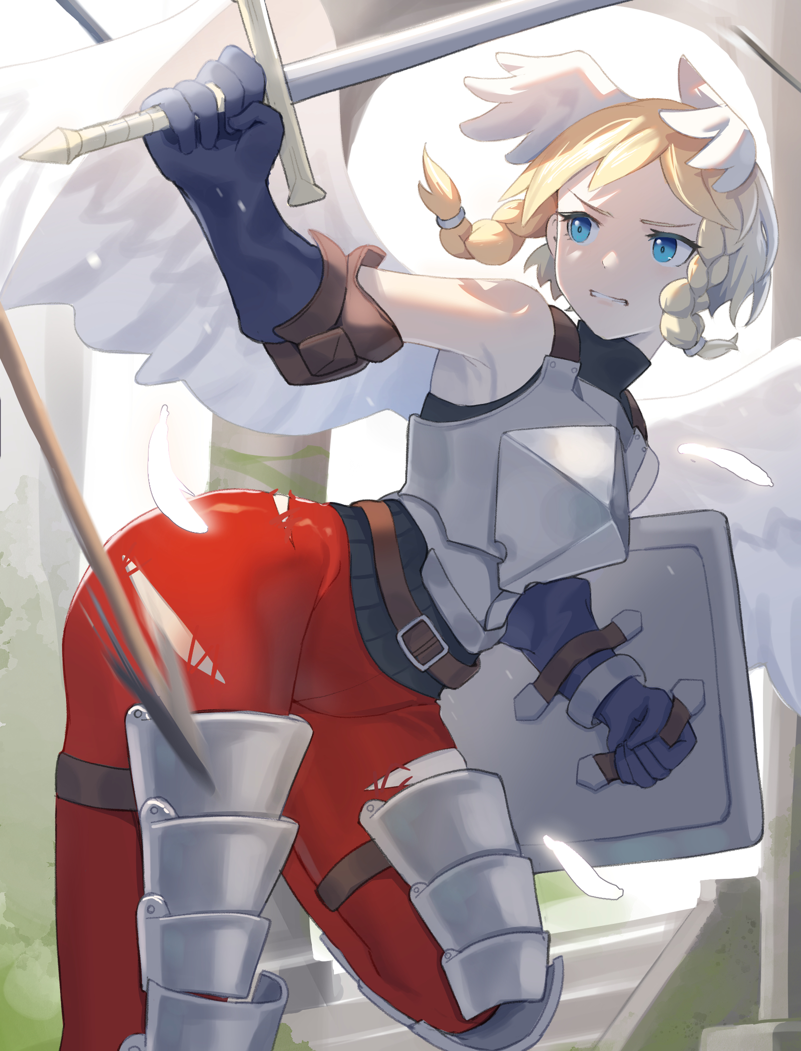 1girl armor bare_shoulders belt belt_buckle blonde_hair blue_gloves braid breastplate brown_belt buckle commentary_request feathered_wings feathers floating_hair gloves head_wings highres holding holding_shield holding_sword holding_weapon medaman ochlys_(unicorn_overlord) pantyhose red_pantyhose shield short_hair sleeveless solo sword thighs torn_clothes torn_pantyhose turtleneck unicorn_overlord weapon white_wings wings