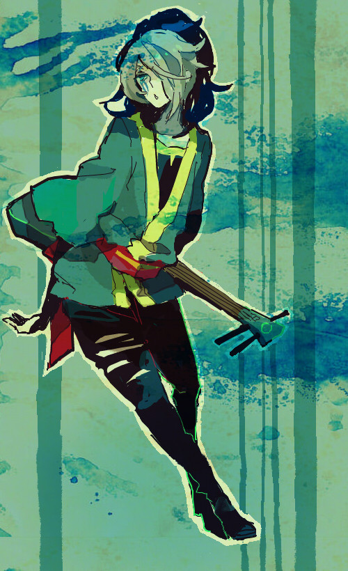 1boy androgynous bad_id bad_pixiv_id blue_eyes chosokabe_motochika chousokabe_motochika_(sengoku_musou) colored_bangs hair_over_one_eye instrument male_focus multicolored_hair sengoku_musou sengoku_musou_2 shamisen solo tarako_supa tattoo two-tone_hair