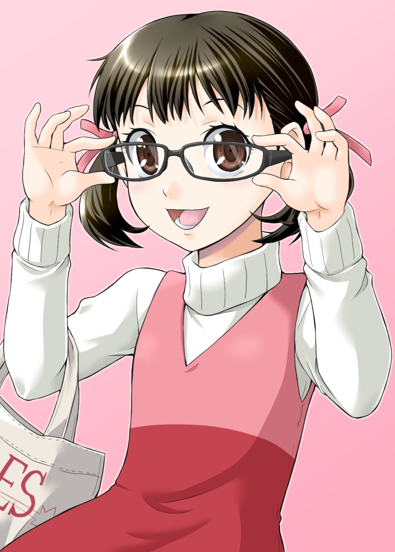 1girl adjusting_eyewear atlus bag bespectacled black_hair brown_eyes doujima_nanako dress female_focus glasses hair_ribbon open_mouth persona persona_4 ribbon shopping_bag smile solo twintails yaso_shigeru