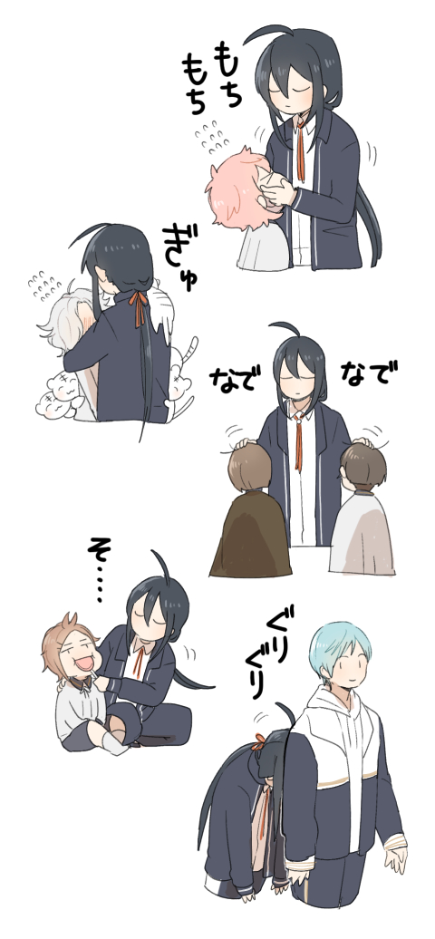 akita_toushirou aqua_hair bob_cut brown_hair cape closed_eyes flying_sweatdrops gokotai gokotai&#039;s_tigers hair_ribbon hirano_toushirou hood houchou_toushirou ichigo_hitofuri leaning_on_person long_hair looking_at_another maeda_toushirou male_focus namazuo_toushirou headpat pink_hair ribbon silver_hair tiger tiger_cub touken_ranbu white_tiger yucca_(yasabana)