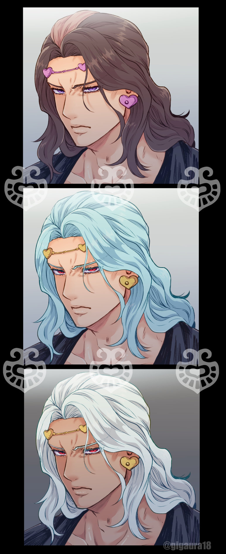 1boy blue_hair brown_hair circlet commentary_request earrings frown giga_omega heart heart_earrings highres jewelry jojo_no_kimyou_na_bouken long_hair male_focus purple_eyes red_eyes stardust_crusaders twitter_username vanilla_ice white_hair