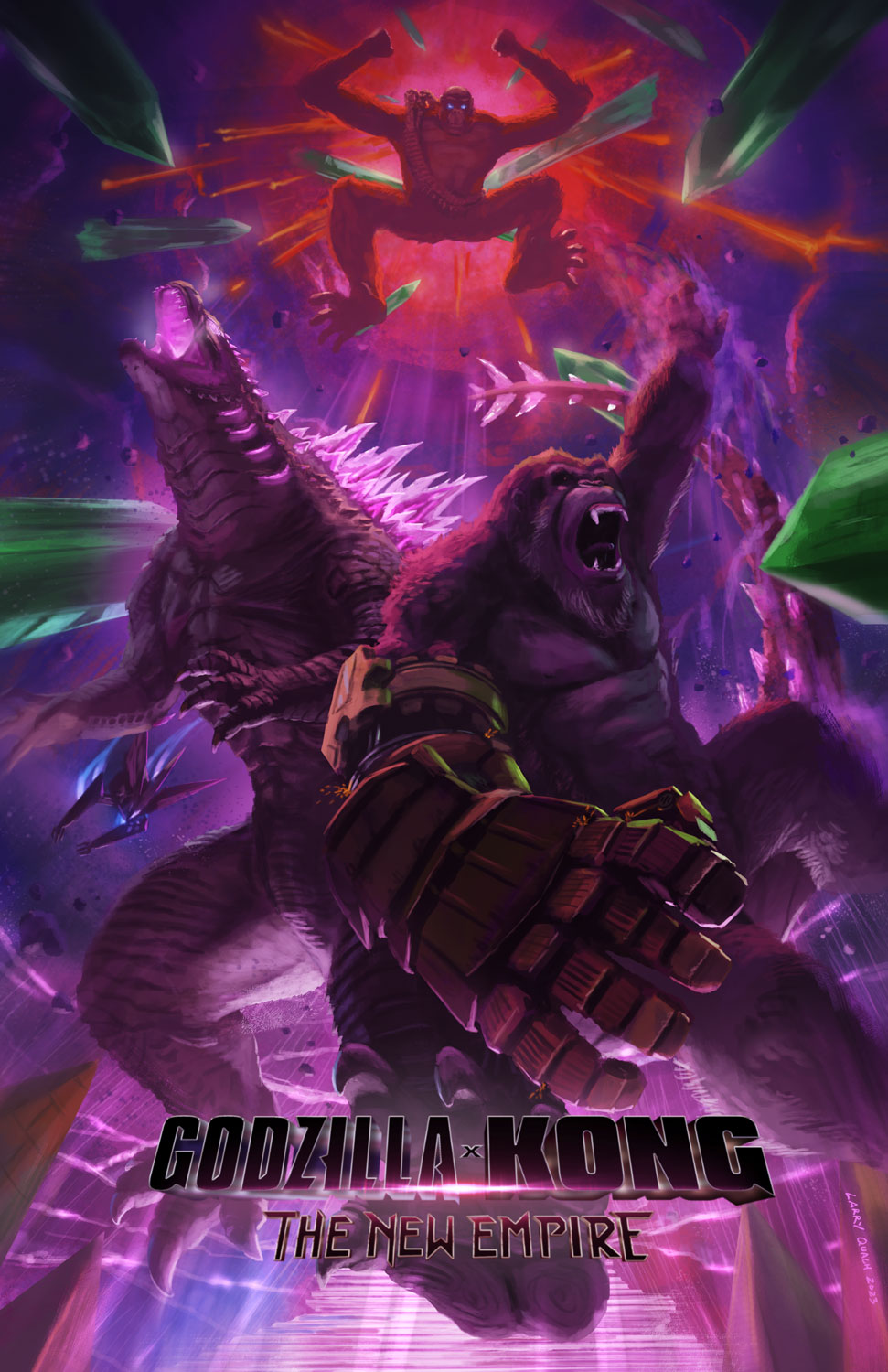 aircraft ape artist_name b.e.a.s.t._glove bald bio-mimic_heav blue_eyes bone bone_weapon bone_whip cave claws crossover crystal debris dinosaur dirt dust elbow_blade elbow_spikes electroshock_weapon epic exhaust falling fangs flying gauntlets giant giant_monster gills glowing glowing_eyes glowing_gills glowing_mouth glowing_spikes godzilla godzilla_(monsterverse) godzilla_(series) godzilla_evolved godzilla_x_kong:_the_new_empire gorilla highres hollow_earth_aerial_vehicle kaiju king_kong king_kong_(series) larry_quach lava legendary_pictures military monster monsterverse motion_blur muscular muscular_male no_humans no_pupils open_mouth orangutan pectorals pink_eyes pyramid_(structure) ribs roaring rock sharp_teeth signature skar_king skull sparks spiked_tail spikes spine tail teeth thagomizer toho tongue underground warner_bros weapon whip whip_sword whipslash