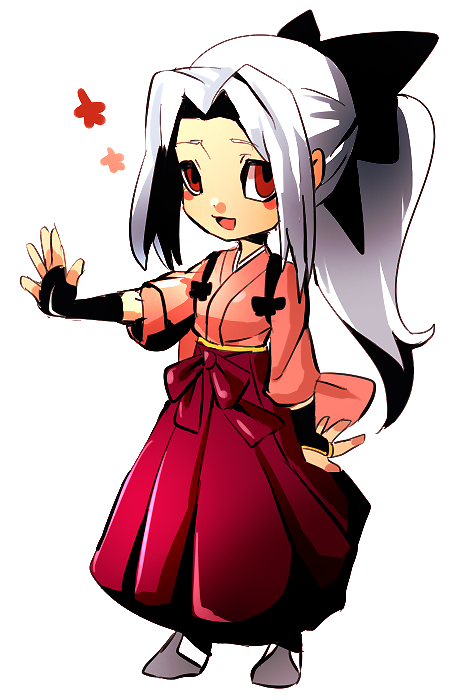 1girl bad_id bad_pixiv_id bow bridal_gauntlets chibi don9ri fate/zero fate_(series) female_focus hair_bow high_contrast instructor_iri irisviel_von_einzbern japanese_clothes long_hair ponytail red_eyes solo white_hair