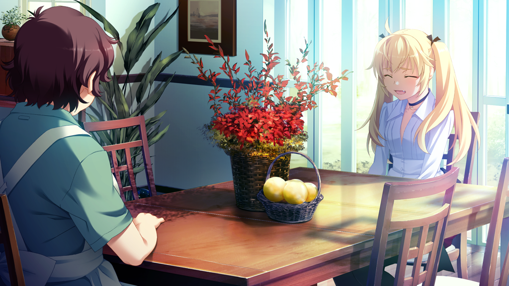 2girls ahoge apron arm_on_table back_bow black_choker black_pantyhose blonde_hair bow breasts brown_hair chair choker collarbone collared_shirt eyeliner facing_another fang flower flower_basket food fruit fruit_basket game_cg green_shirt grisaia_(series) grisaia_no_kajitsu hair_ribbon heart heart_choker indoors lemon long_hair long_sleeves makeup matsushima_michiru multiple_girls non-web_source on_chair open_mouth painting_(object) pantyhose plant potted_plant red_eyeliner red_flower red_skirt ribbon shirt short_hair sitting skirt smile table twintails variant_set watanabe_akio white_apron white_bow white_shirt window wooden_chair wooden_table