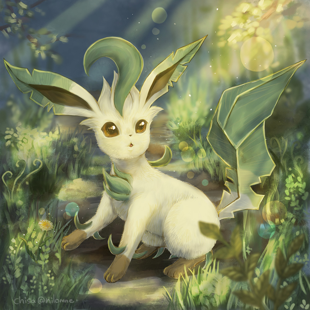 animal_focus brown_eyes gen_4_pokemon grass leafeon momomo12 nintendo no_humans open_mouth pokemon pokemon_(creature) signature sitting smile solo sunset