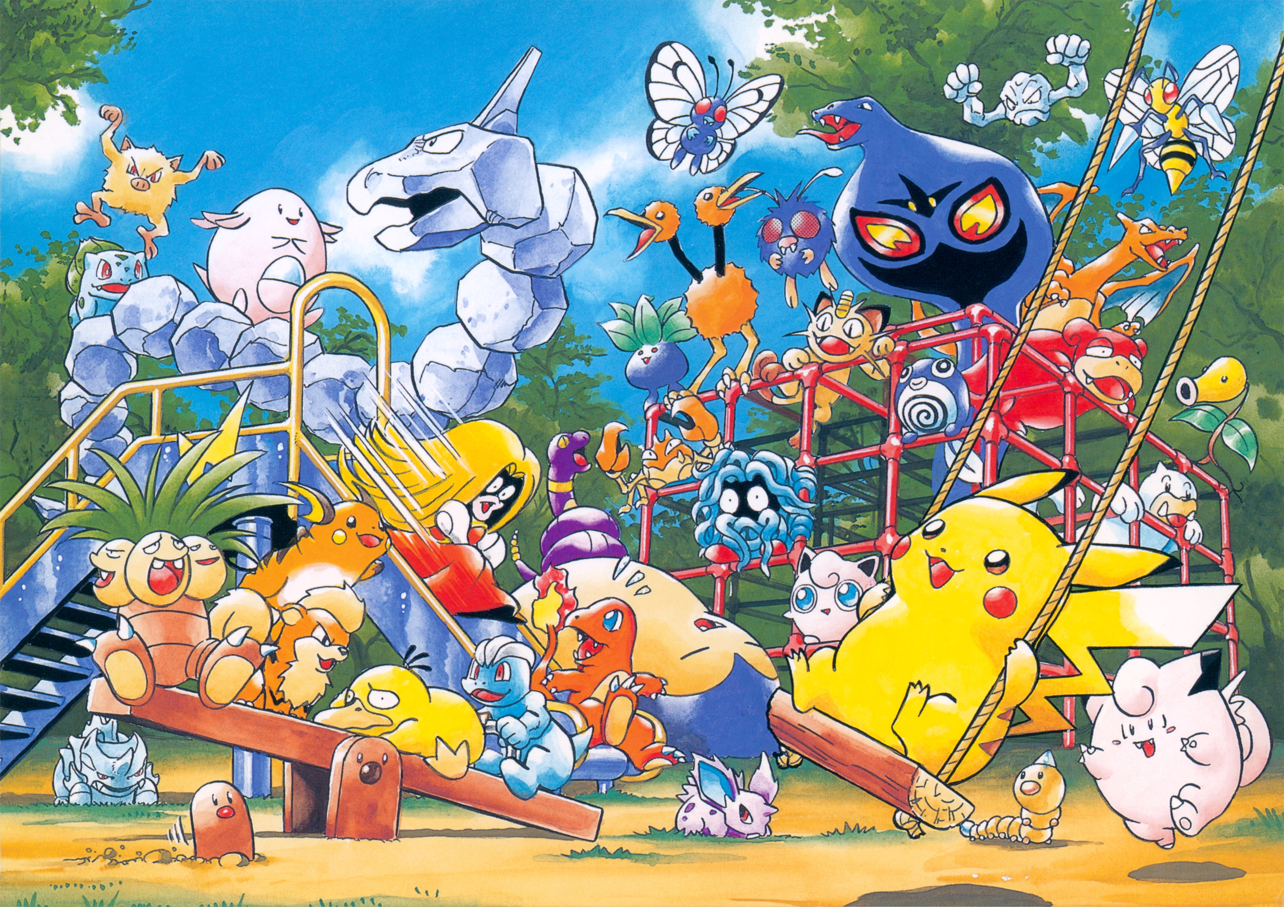 6+others absurdres aihara_kazunori animal_focus arbok arm_support beedrill bellsprout blue_sky bug bulbasaur butterfree chansey charizard claws clefairy day diglett doduo dragon ekans exeggutor fangs gen_1_pokemon geodude growlithe highres jigglypuff jynx krabby looking_afar looking_at_another looking_to_the_side lying machop mankey meowth multiple_others nidoran nidoran_(male) nintendo no_humans oddish official_art onix outdoors pikachu playing_games pokemon pokemon_(creature) poliwag psyduck raichu rhyhorn riding riding_pokemon seel sharp_teeth sitting sky sleeping slowpoke smile snorlax swing tail tangela teeth tree venonat weedle wings