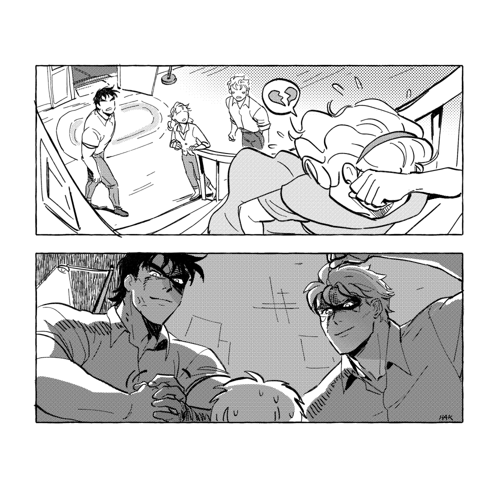 alternate_universe broken_heart caesar_anthonio_zeppeli comic cracking_knuckles crying facial_mark greyscale hakmonss heart jojo_no_kimyou_na_bouken joseph_joestar joseph_joestar_(young) kuujou_holly monochrome running shaded_face spoken_heart stairs suzi_q