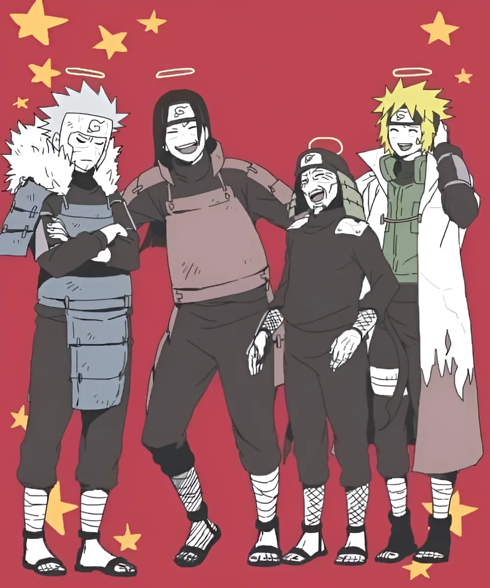 annoyed armor black_pants black_shirt blonde_hair blue_armor brothers cape closed_eyes crossed_arms brown_hair facial_hair facial_mark family fluffy_collar forehead_protector goatee green_vest grey_hair halo hand_on_another&#039;s_back hand_on_own_head helmet highres hokage japanese_armor kabuto_(helmet) laughing multiple_boys namikaze_minato naruto_(series) naruto_shippuuden nervous_smile old old_man open_mouth pants red_armor red_background sarutobi_hiruzen scar scar_on_face senju_hashirama senju_tobirama shirt siblings smile star_(symbol) star_symbol_background sunken_cheeks sweat vest wrinkled_skin