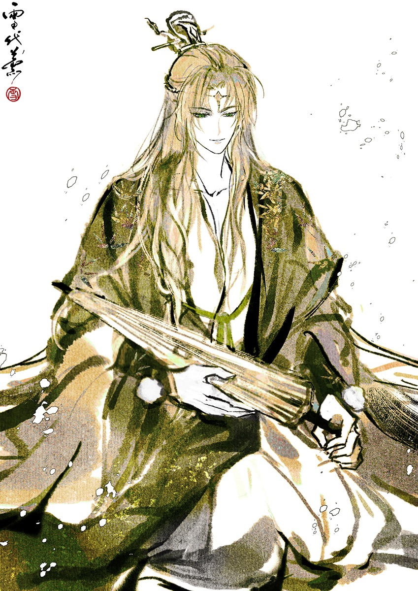 1boy alkaid_mcgrath blonde_hair chinese_clothes closed_umbrella coat collarbone curtained_hair falling_petals green_coat green_eyes hanfu head_chain highres holding holding_umbrella jewelry limited_palette long_hair long_sleeves looking_at_object looking_down lovebrush_chronicles male_focus oil-paper_umbrella open_clothes open_coat parted_bangs parted_lips petals robe seal_impression seiza sitting smile solo umbrella white_background white_robe wide_sleeves xiao_guan_(headdress) xuedaixun