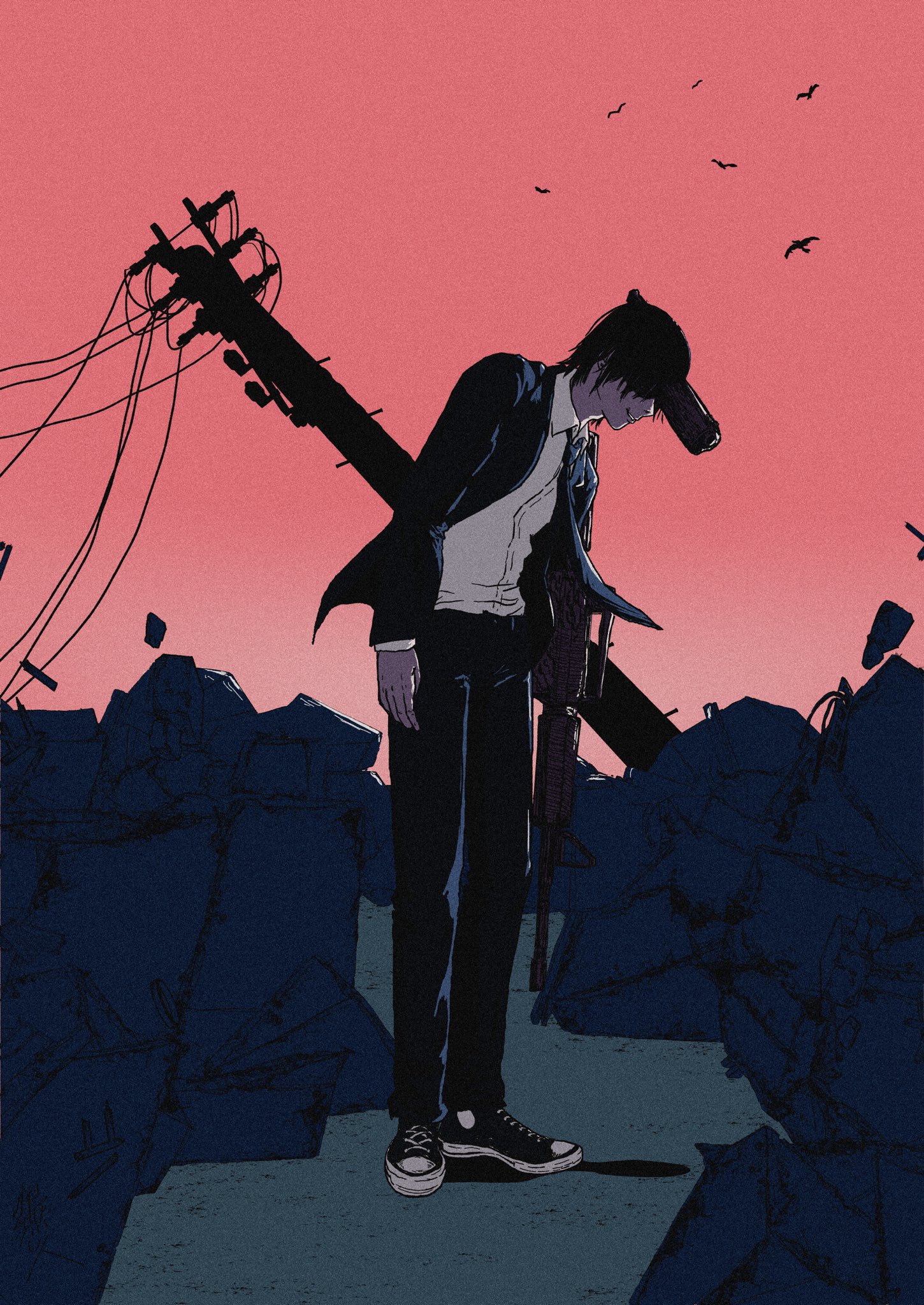 1boy assault_rifle black_hair black_jacket black_necktie black_pants chainsaw_man collared_shirt facing_down film_grain formal_clothes gun gun_devil_(chainsaw_man) handgun hayakawa_aki highres jacket male_focus necktie nenashibito pants parted_lips power_lines rifle ruins shirt shirt_tucked_in short_hair signature smile solo suit suit_jacket utility_pole weapon white_shirt