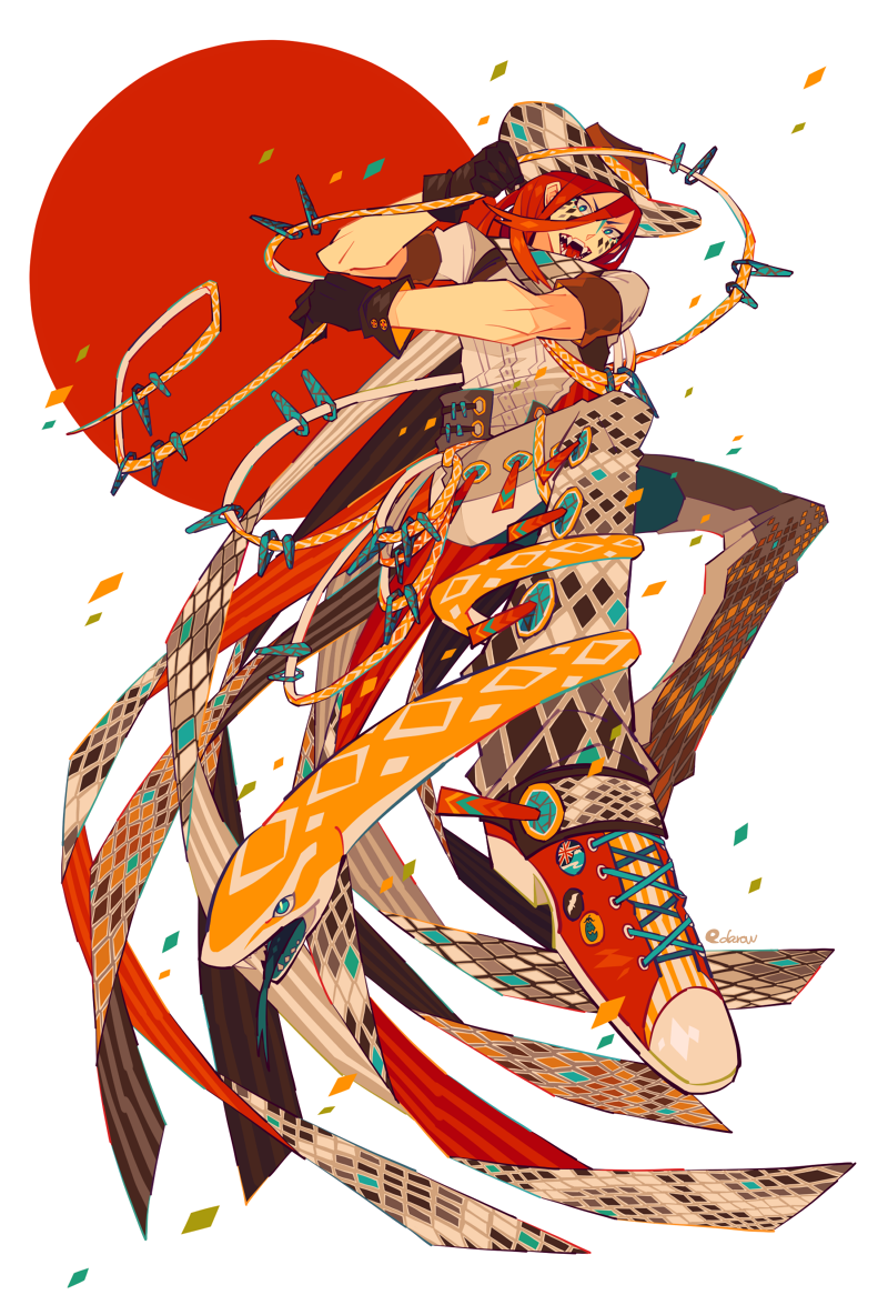1boy animal blue_eyes commentary_request cowboy cowboy_hat cowboy_western edarow fangs full_body gloves hat holding holding_animal holding_snake long_hair male_focus original red_hair red_sun shirt shoes snake sneakers solo western white_background
