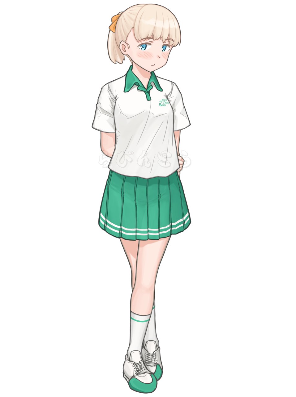 1girl alternate_costume alternate_hairstyle arms_behind_back blonde_hair blue_eyes commentary_request full_body green_skirt highres kantai_collection pleated_skirt polo_shirt ponytail porusasu shin&#039;you_(kancolle) shirt shoes short_hair simple_background skirt sneakers socks solo sportswear standing tennis_uniform watermark white_background white_shirt white_shoes white_socks