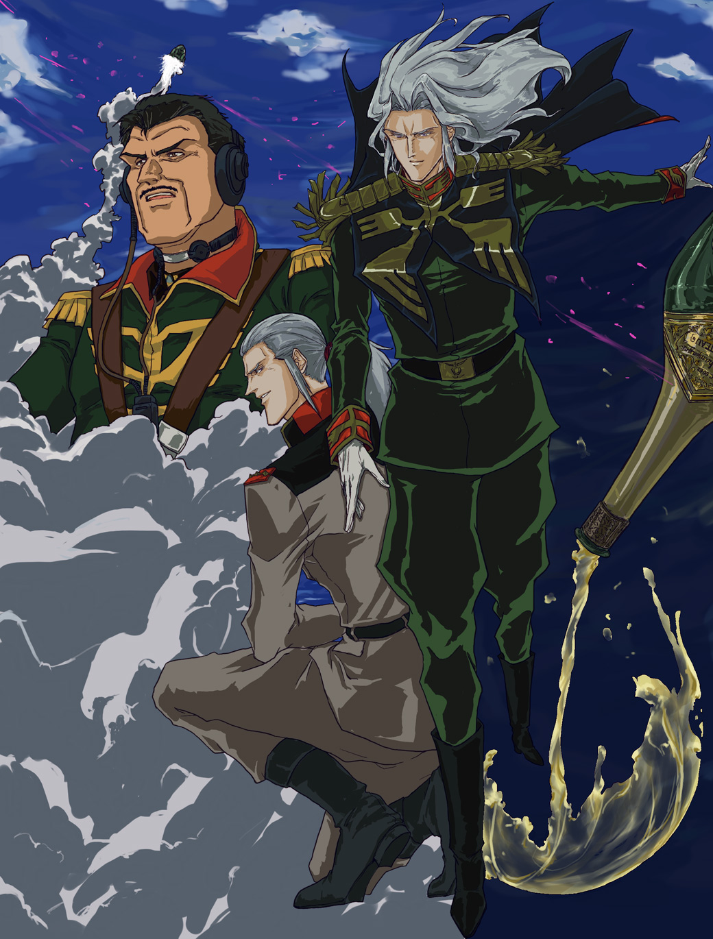 1990s_(style) alcohol anavel_gato bottle cloud epaulettes gundam gundam_0083 headphones highres military military_uniform mion83 neuen_bitter retro_artstyle sky smoke white_hair wine