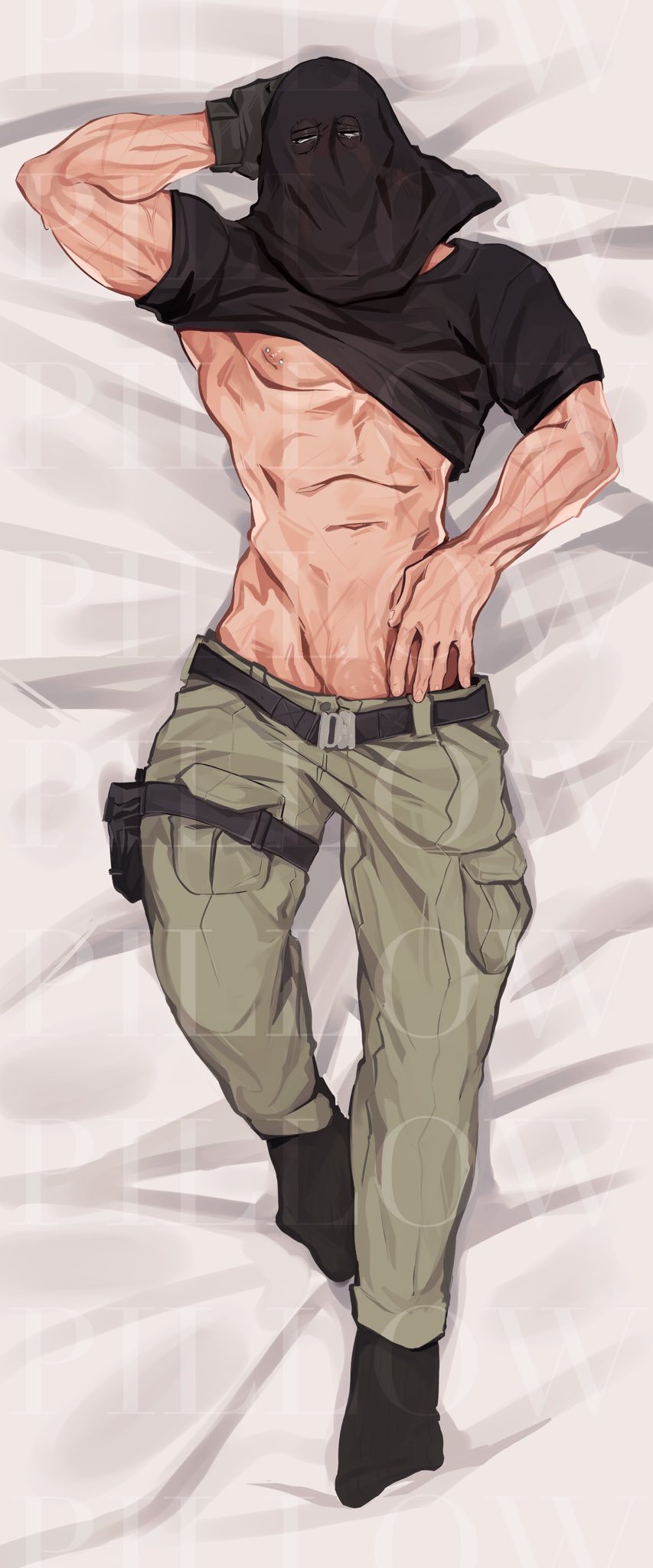 1boy abs aymie_(aycherst) bara bed_sheet call_of_duty call_of_duty:_modern_warfare_2 cargo_pants clothes_lift covered_face dakimakura_(medium) full_body helmet highres konig_(call_of_duty) large_pectorals looking_at_viewer lying male_focus male_underwear male_underwear_peek muscular muscular_male navel nipples no_shoes on_back pants pectorals sample_watermark shirt_lift socks solo straight-on thick_thighs thighs topless_male underpec underwear watermark