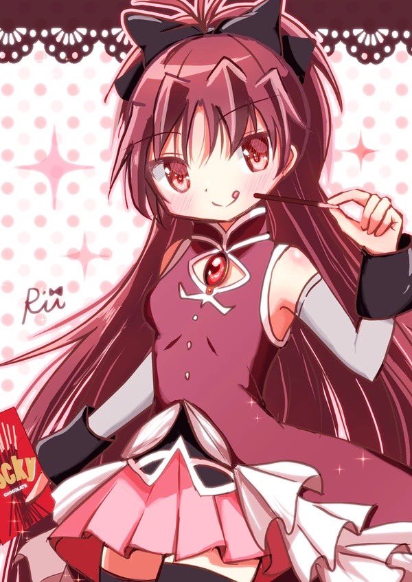 1girl black_bow bow breasts commentary_request cowboy_shot crescent_0039 dress food hair_bow holding holding_food long_hair looking_at_viewer magical_girl mahou_shoujo_madoka_magica mahou_shoujo_madoka_magica_magia_exedra pocky ponytail red_dress red_eyes red_hair sakura_kyoko sakura_kyoko_(magical_girl) small_breasts solo soul_gem standing thighhighs tongue tongue_out very_long_hair