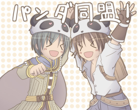 &gt;_&lt; :d alchemist_(ragnarok_online) arms_up belt blacksmith_(ragnarok_online) blue_cape blue_pants brown_belt brown_cape brown_coat brown_gloves brown_hair cape closed_eyes coat commentary_request cowboy_shot fingerless_gloves gloves green_hair long_sleeves male_focus open_mouth panda_hat pants polka_dot polka_dot_background ragnarok_online sharari short_hair short_sleeves smile translation_request two-sided_cape two-sided_fabric unbuttoned unbuttoned_shirt xd