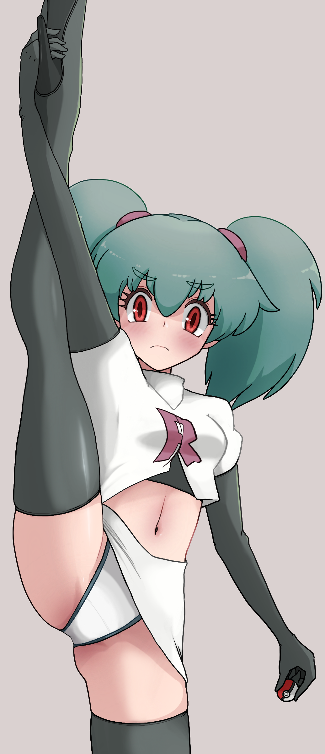 1girl black_gloves black_high_heels black_shirt blush boots commission cosplay crop_top cropped_jacket duplica_(pokemon) elbow_gloves embarrassed gloves green_hair grey_background hair_between_eyes haloh high_heel_boots high_heels highres holding holding_poke_ball jacket jessie_(pokemon) jessie_(pokemon)_(cosplay) looking_at_viewer midriff navel nintendo panties pixiv_commission poke_ball poke_ball_(basic) pokemon pokemon_(anime) pokemon_(classic_anime) red_eyes shirt simple_background skirt solo split standing standing_on_one_leg standing_split team_rocket team_rocket_uniform twintails underwear white_jacket white_panties white_skirt