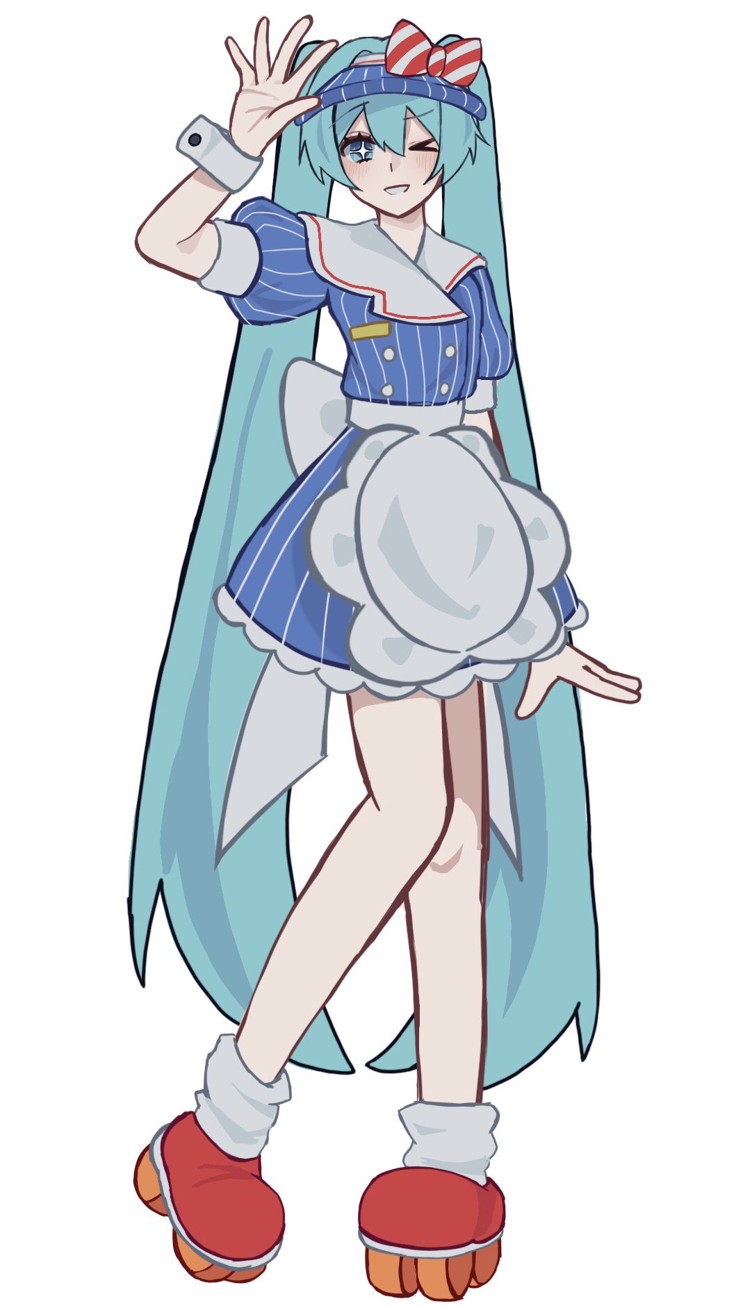 &gt;_o +_+ 1girl apron blue_eyes blue_hair commentary dress full_body grin hand_up hatsune_miku highres long_hair looking_at_viewer mesmerizer_(vocaloid) nigufugu_wow719 one_eye_closed roller_skates short_dress skates smile socks solo striped_clothes striped_dress twintails vertical-striped_clothes vertical-striped_dress very_long_hair visor_cap vocaloid waist_apron wrist_cuffs