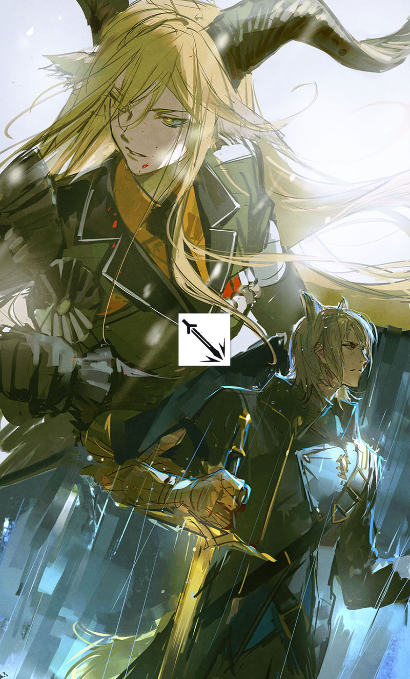 1boy 1girl animal_ears arknights black_coat blonde_hair blood blood_on_face coat degenbrecher_(arknights) gauntlets goat_ears goat_horns guard_(arknights) highres holding holding_sword holding_weapon horns horse_ears horse_tail huangdanlan long_hair looking_to_the_side medal mlynar_(arknights) rain sword tail weapon white_background yellow_eyes