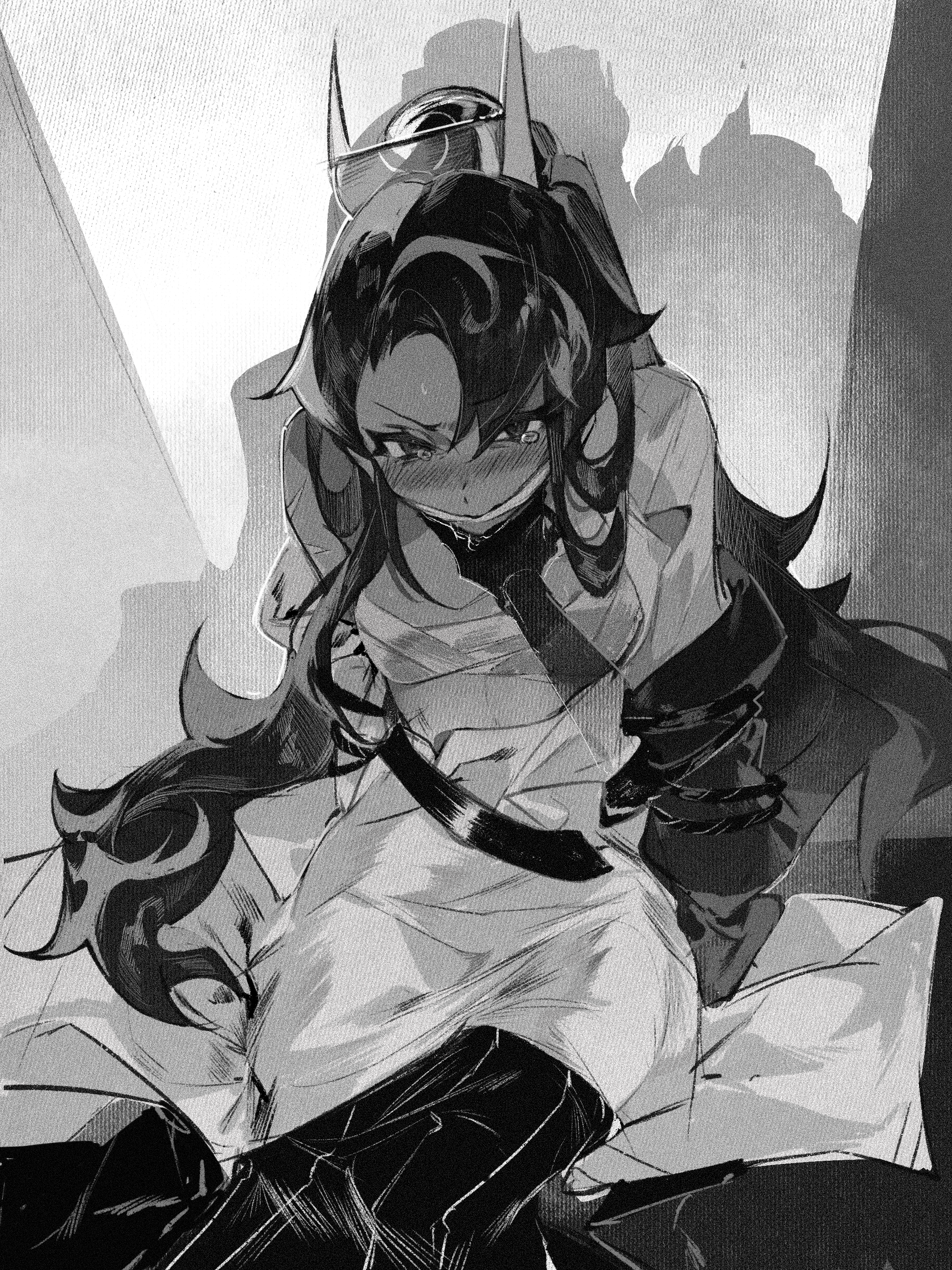 1girl absurdres bdsm blush bondage bound breasts caramel_arrow_cookie cookie_run cookie_run:_kingdom covering_another's_mouth cowboy_shot disembodied_hand dress from_above highres humanization long_hair looking_up non-deformed nose_blush off_shoulder ominous_shadow on_ground shadow short_dress shu_(pjxv7485) small_breasts sweatdrop tearing_up tsurime v-shaped_eyebrows very_long_hair white_dress