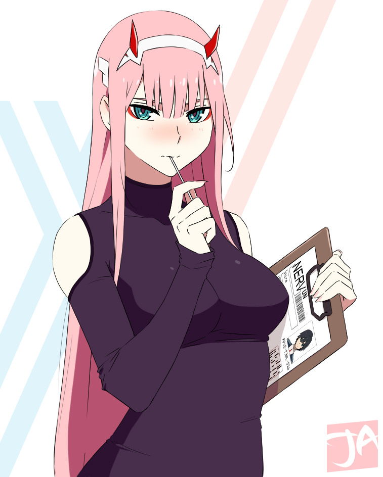 1girl alternate_costume aqua_eyes artist_logo blush breasts candy clipboard clothing_cutout darling_in_the_franxx document embarrassed eyeshadow female_focus fingernails food hair_between_eyes hairband hand_up hiro_(darling_in_the_franxx) holding horns j_adsen logo lollipop long_hair long_sleeves looking_at_viewer makeup mouth_hold nail_polish neck nose_blush pink_hair pink_nails ringed_eyes shoulder_cutout sleeves_past_wrists solo turtleneck very_long_hair white_background zero_two_(darling_in_the_franxx)