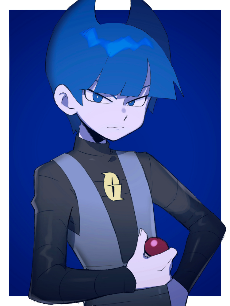 1boy a_(poipiku_325815) black_shirt blue_background blue_eyes blue_hair blunt_bangs border closed_mouth commentary_request creatures_(company) game_freak hand_on_own_hip holding holding_poke_ball logo long_sleeves looking_at_viewer male_focus nintendo poke_ball poke_ball_(basic) pokemon pokemon_dppt saturn_(pokemon) shirt short_hair smile solo team_galactic team_galactic_uniform upper_body white_border