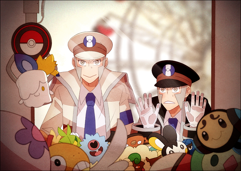 2boys against_glass black_coat black_headwear blue_necktie brothers character_doll closed_mouth coat collared_shirt crane_game dress_shirt emmet_(pokemon) emolga foongus gen_5_pokemon glass gloves grey_eyes grey_hair hat high_collar ingo_(pokemon) jaho joltik lillipup litwick long_sideburns long_sleeves male_focus multiple_boys munna necktie nintendo peaked_cap pokemon pokemon_bw sawk scraggy shirt short_hair siblings sideburns smile solosis stunfisk swadloon trench_coat tympole whimsicott white_coat white_gloves white_headwear white_shirt woobat