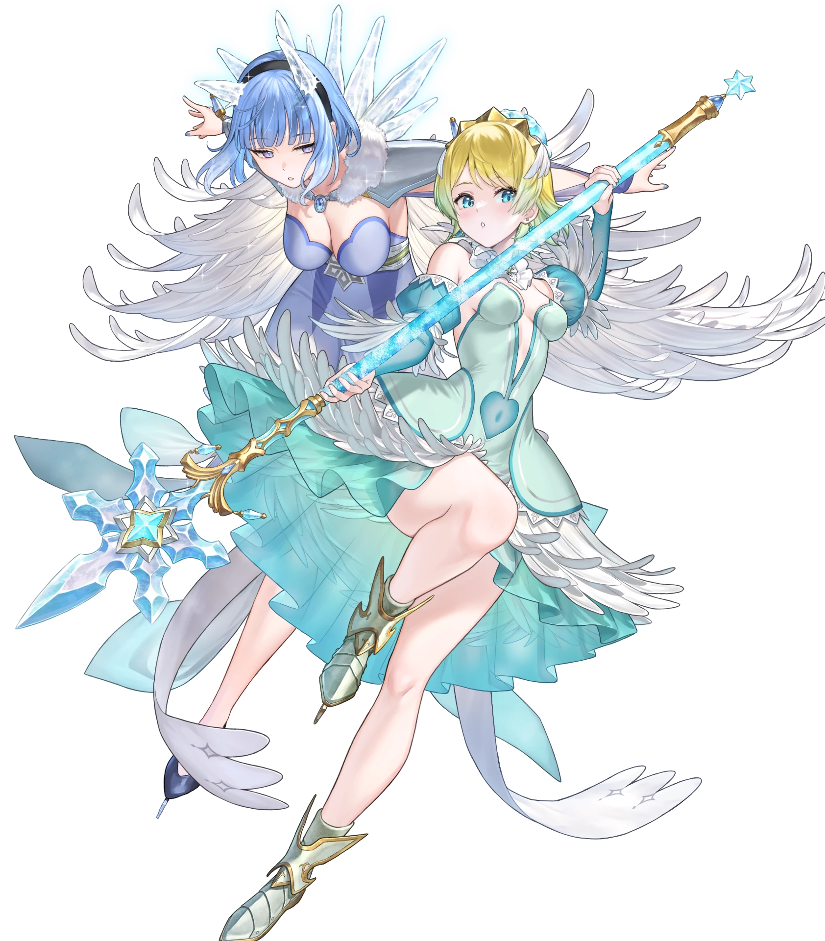 2girls attack backless_dress backless_outfit bare_legs bare_shoulders blonde_hair blue_eyes blue_hair breasts cape cleavage covered_navel dress feather_cape feather_trim fire_emblem fire_emblem_heroes fjorm_(fire_emblem) fjorm_(ice_tribe)_(fire_emblem) highres holding holding_polearm holding_weapon ice_horns ice_skates lance medium_breasts multiple_girls nail_polish nifl_(fire_emblem) nifl_(ice_tribe)_(fire_emblem) nintendo non-web_source official_alternate_costume official_art parted_lips polearm short_hair skates small_breasts tiara tutu weapon white_cape